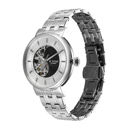 Titan Yin Yang Skeletal Automatic Analog with Black Dial Silver Stainless Steel Strap Watch for Men
