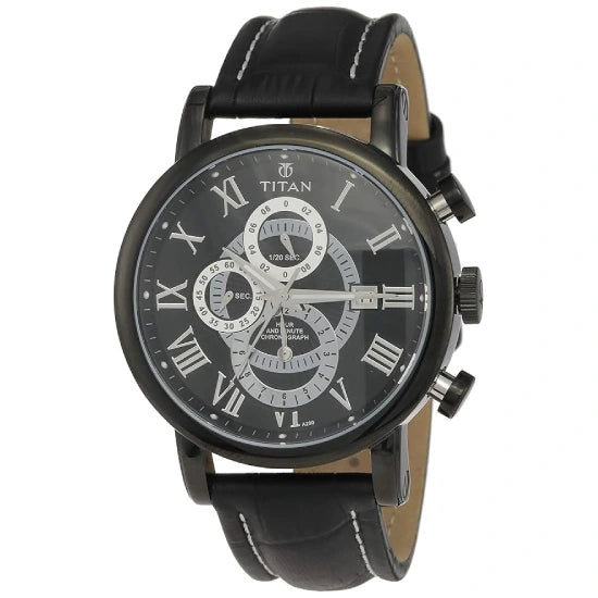 Titan Black Dial Black leather Strap Watch for Men