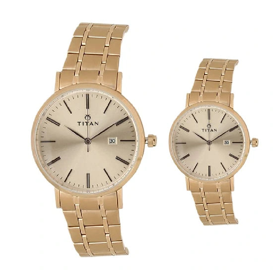 Titan Quartz Analog with Date Rose Gold Dial Stainless Steel Strap Watch for Couple