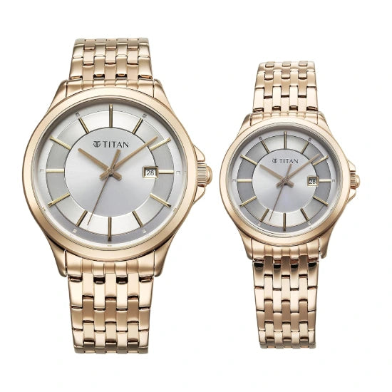 Titan Bandhan Quartz Analog with Date Silver Dial Rose Gold Stainless Steel Strap Watch For Couple
