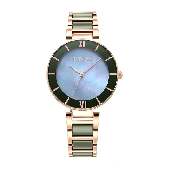 Titan Purple Ceramics Green Dial Steel & Ceramic Strap Watch for Women
