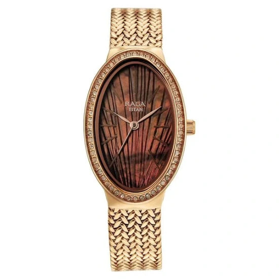 Titan Raga Glimmers Quartz Analog Brown Mother Of Pearl Dial Rose Gold Metal Strap Watch For Women