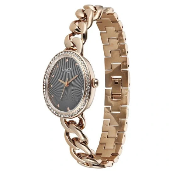Titan Raga Spotlight Quartz Analog Grey Dial Rose Gold Metal Strap Watch For Women