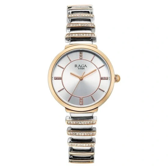 Titan Raga Spotlight Quartz Analog Silver Dial Two Toned Metal Strap Watch For Women