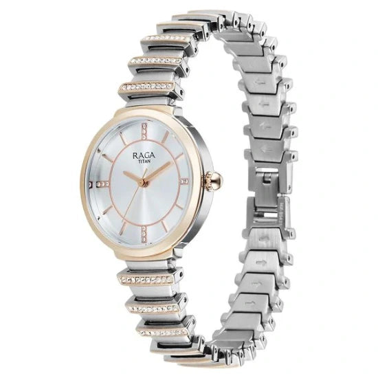 Titan Raga Spotlight Quartz Analog Silver Dial Two Toned Metal Strap Watch For Women