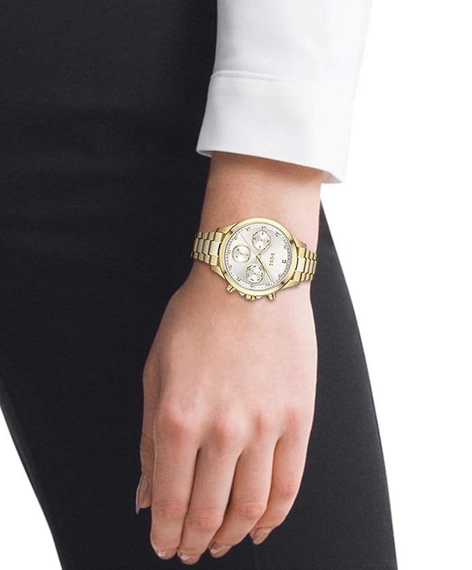 BOSS Hera Qtz Multifunction Silver White Round Dial Women's Watch|Ionic Plated Thin Gold Steel Material|Gold Color Band