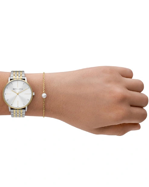 Armani Exchange Womens Stainless Steel Analog Watch , Dial-Color:Silver, Band Color:Two-Tone