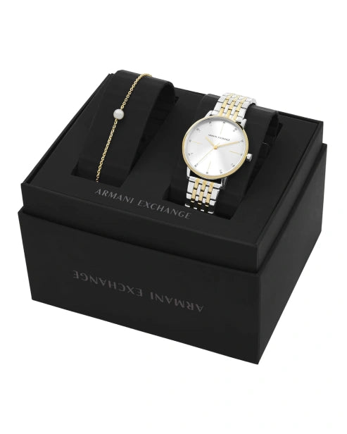 Armani Exchange Womens Stainless Steel Analog Watch , Dial-Color:Silver, Band Color:Two-Tone