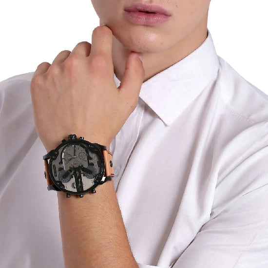 Diesel Men's Mr. Daddy 2.0 Black IP and Brown Leather Chronograph Watch Analog Watch - For Men