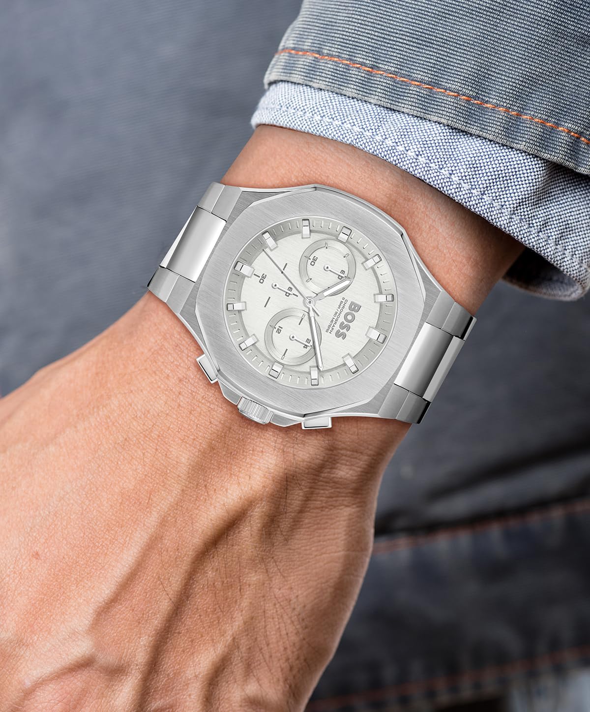 BOSS Taper Qtz Fashion Chrono Silver Tonneau Dial Men's Analog Watch|Stainless Steel Material|Silver Color Band