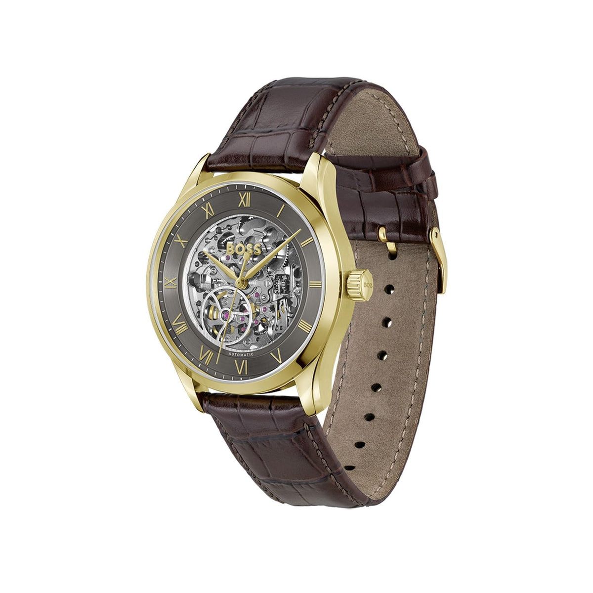 BOSS Principle Skeleton Mech-Automatic Dark Grey Round Dial Men's Watch|Brown Calfskin Material|Brown Color Band