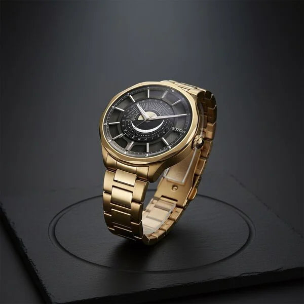 Titan Stellar Analog with Sun Moon Phase and Black Dial Carnation Gold Stainless Steel Strap Watch for Men