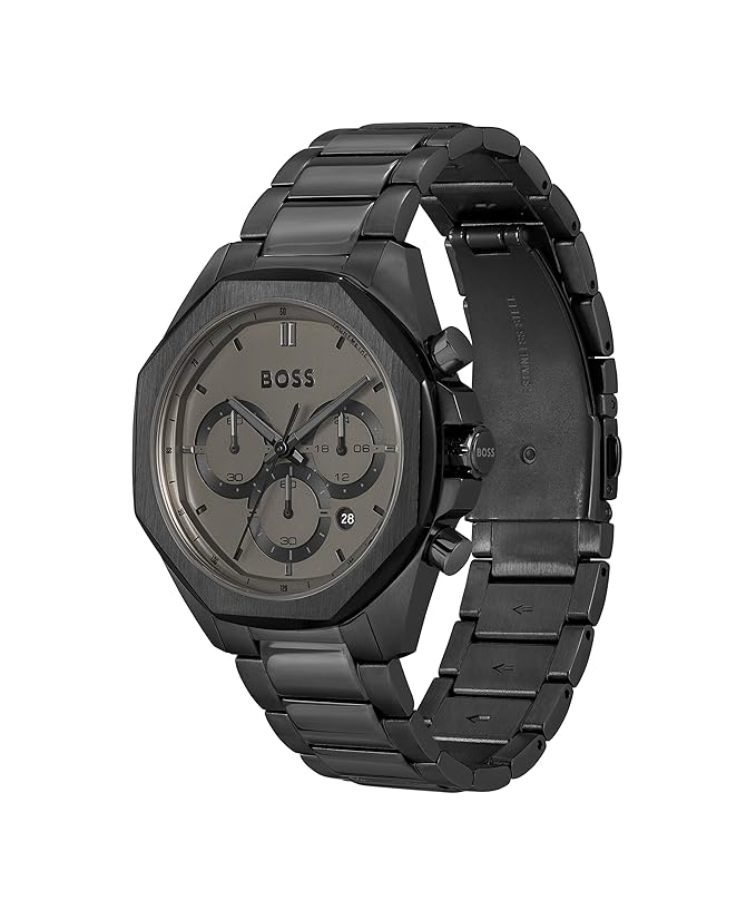 BOSS Cloud Qtz Fashion Chrono Grey Round Dial Men's Analog Watch|Ionic Plated Black Steel Material|Black Color Band