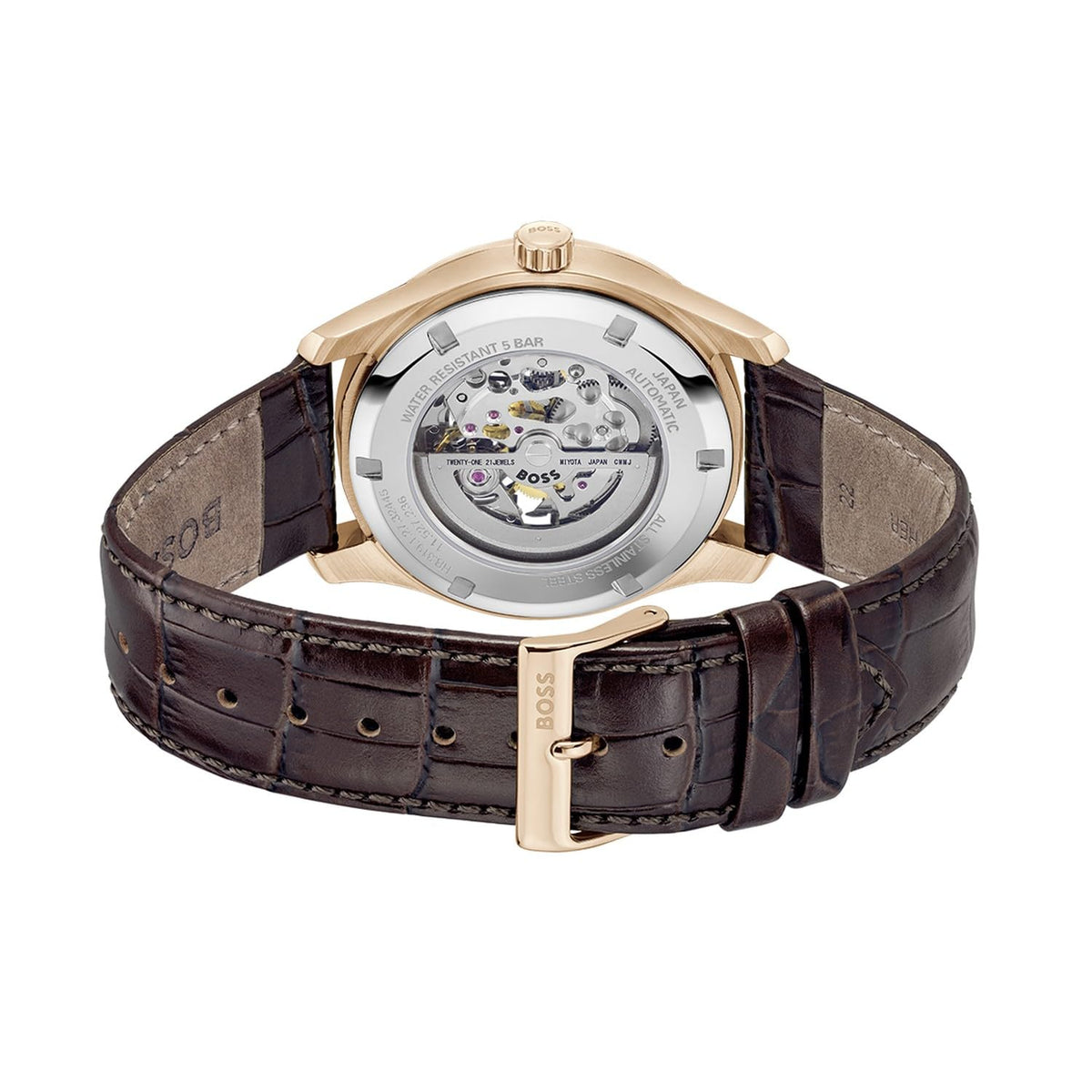 BOSS Principle Skeleton Mech-Automatic Dark Grey Round Dial Men's Watch|Brown Calfskin Material|Brown Color Band