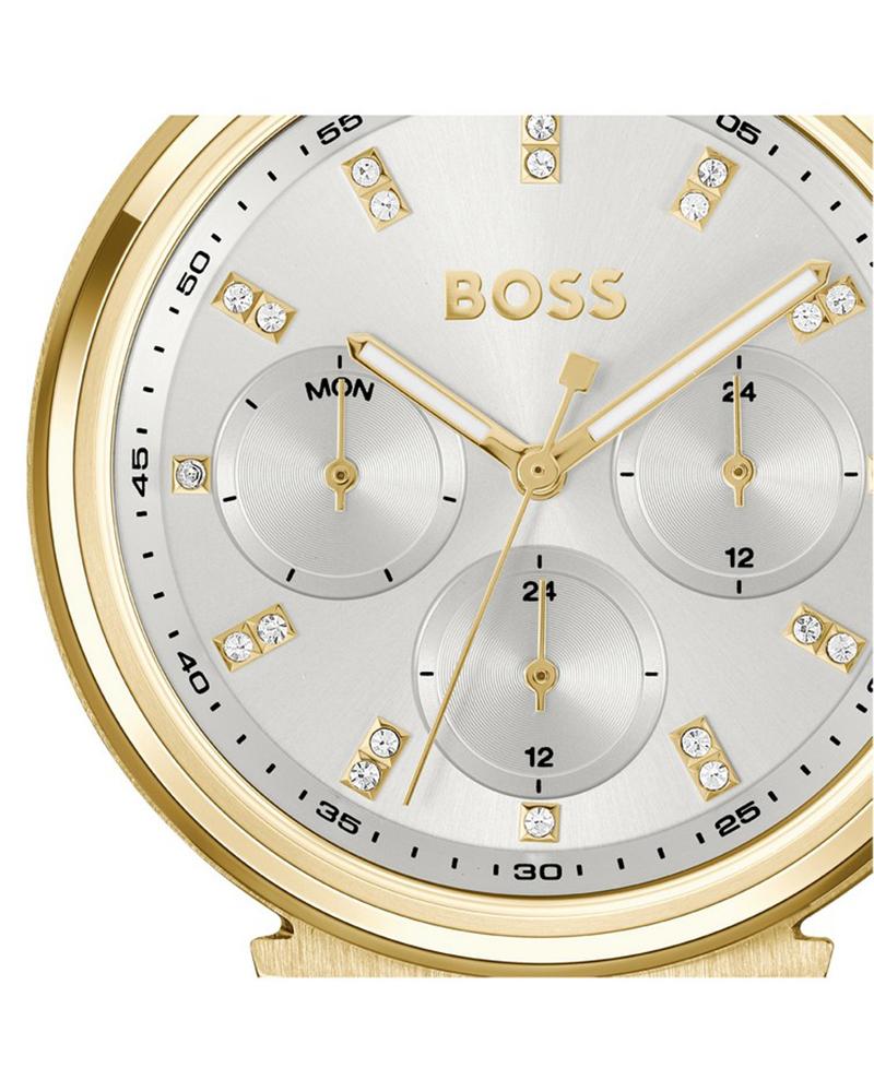 BOSS One Qtz Multifunction Silver White Round Dial Women's Watch|Ionic Plated Thin Gold Steel Material|Gold Color Band