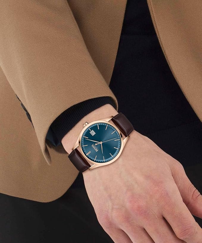 Hugo Boss Commissioner Leather Analog Men's Watch,Blue Dial Brown Colored Strap