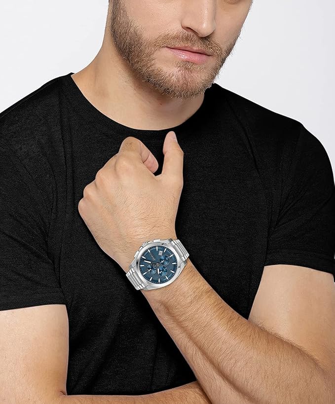 BOSS Grandmaster Qtz Fashion Chrono Blue Round Dial Men's Watch|Stainless Steel Material|Silver Color Band